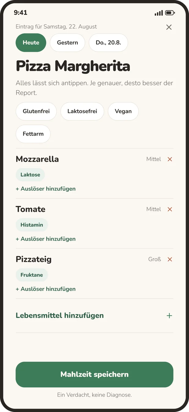 Foto einer Mahlzeit, aufgeschlüsselt in erkannte Zutaten