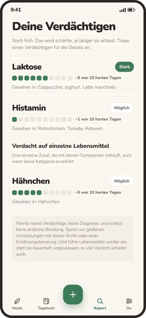 Fennly zeigt die wahrscheinlichsten Auslöser, ganz oben Laktose