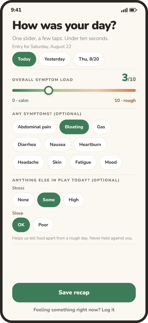 Logging options: photo, voice, text, evening recap, acute entry